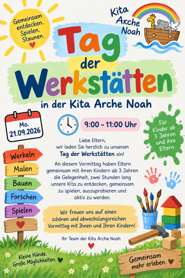 Flyer zum Tag der Werkstätten am 21. September 2026 von 9 bis 11 Uhr in der Kita Arche Noah