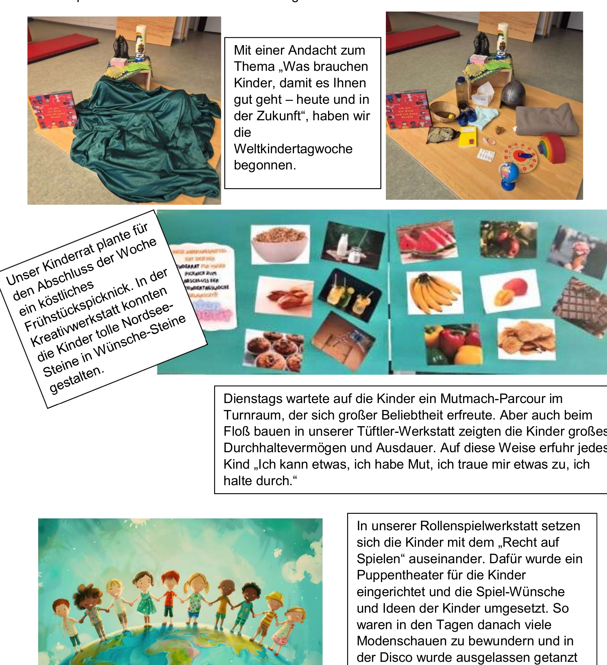 Fotocollage mit dem Andachtsplatz, Materialien, einer Kinderaktion und einer Illustration zu Kindern aus aller Welt