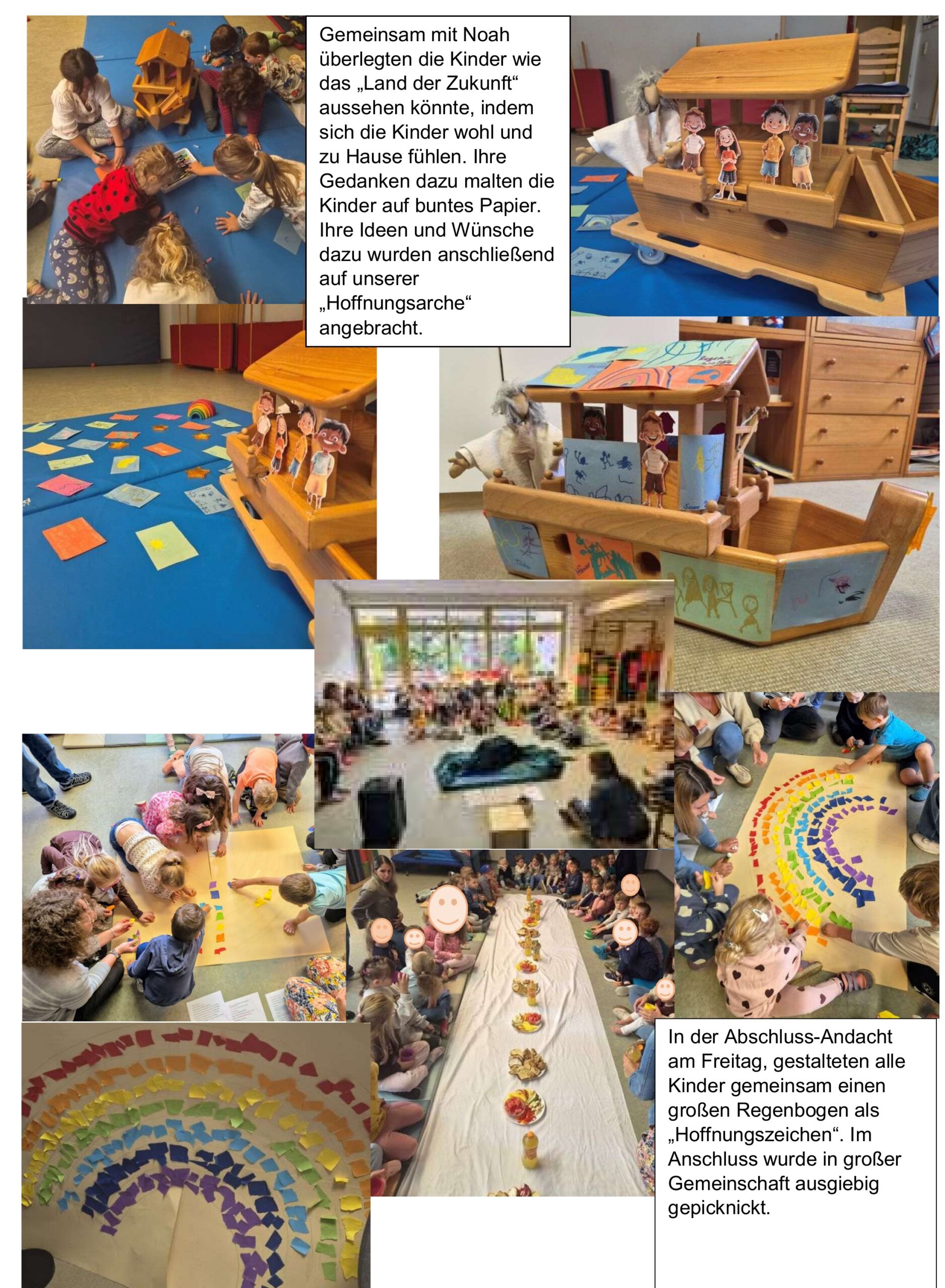 Fotocollage von der Hoffnungsarche, Kinderaktionen, einem gemeinsamen Regenbogen und dem Abschlussfrühstück