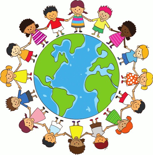 Illustration von Kindern aus aller Welt, die einen Globus umringen